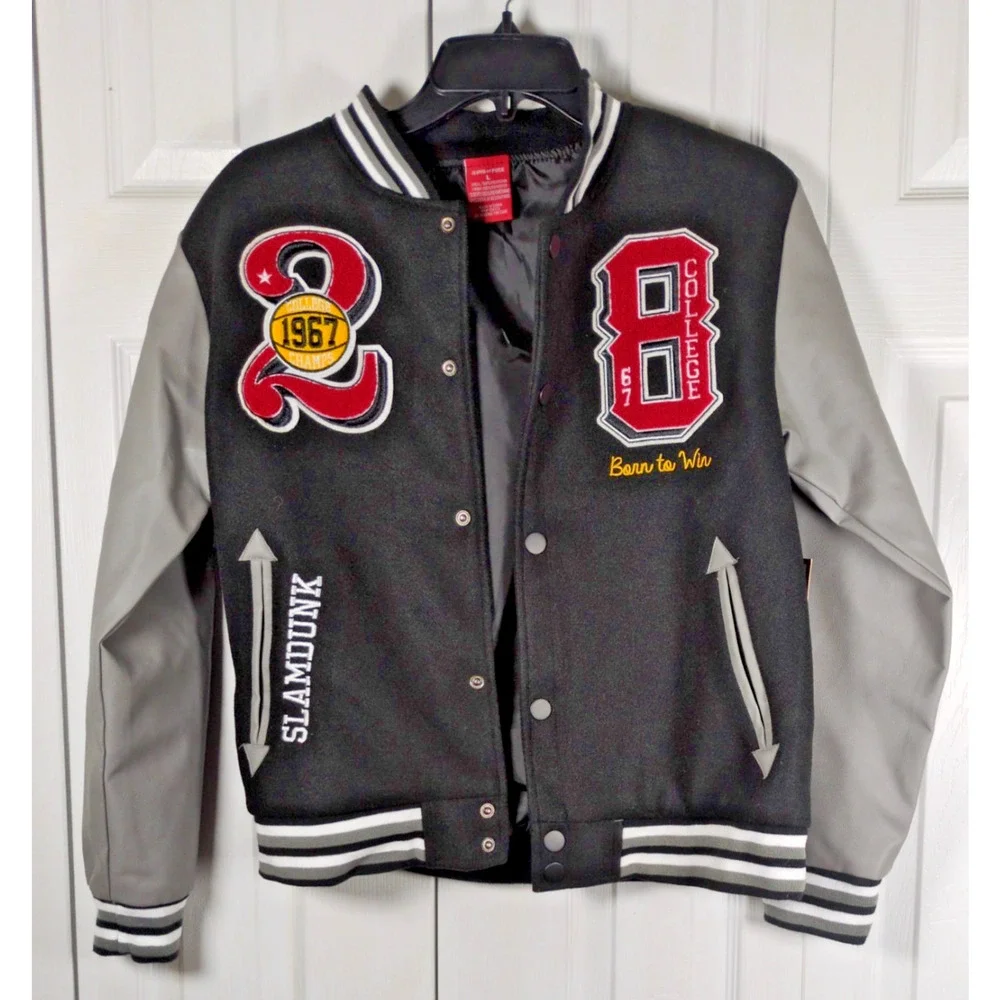 Ring of Fire Boys Varsity Jacket L Black Faux Leather Basketball Bomber NWT